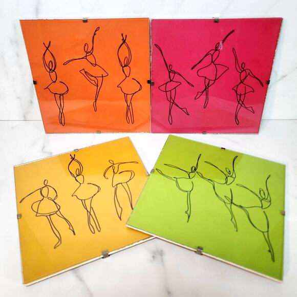 Set/4 Colorful 6x6 Ballerina Line Drawing Wall Decor Ready to Hang Acrylic Frame - Picture 1 of 6